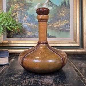 Vintage Italian Leather Wrapped Wine Decanter Jug Wood Stopper MADE IN ITALY